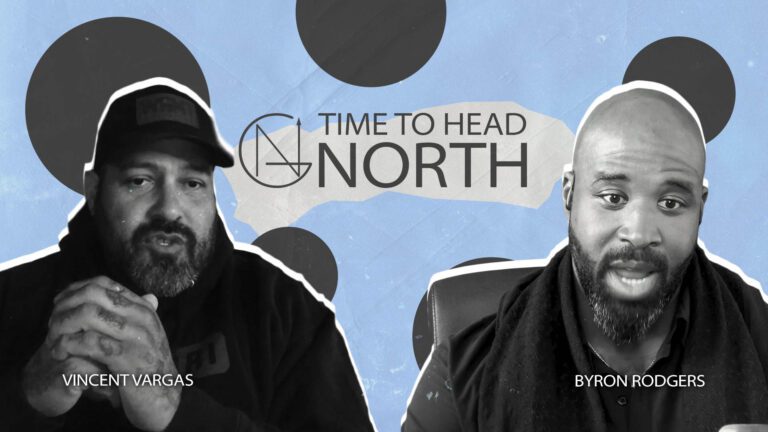 Two men, Vincent Vargas and Byron Rodgers, appear in a split-screen video call with the text "Time to Head North" displayed between them on a blue background with black circles.