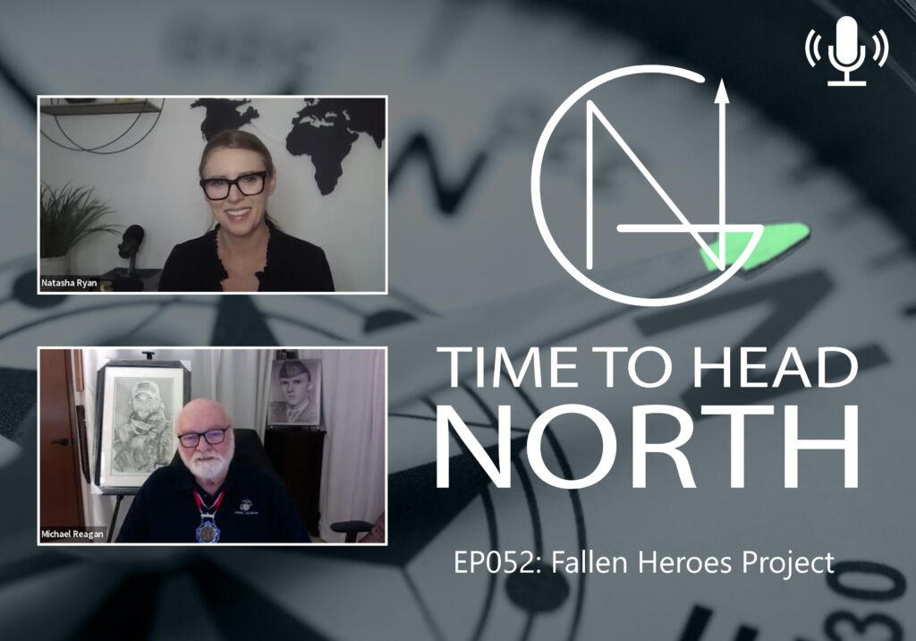 A podcast screen featuring two speakers, a woman in the top left labeled Natasha Ryan and a man in the bottom left labeled Michael Reagan, discussing "EP052: Fallen Heroes Project.