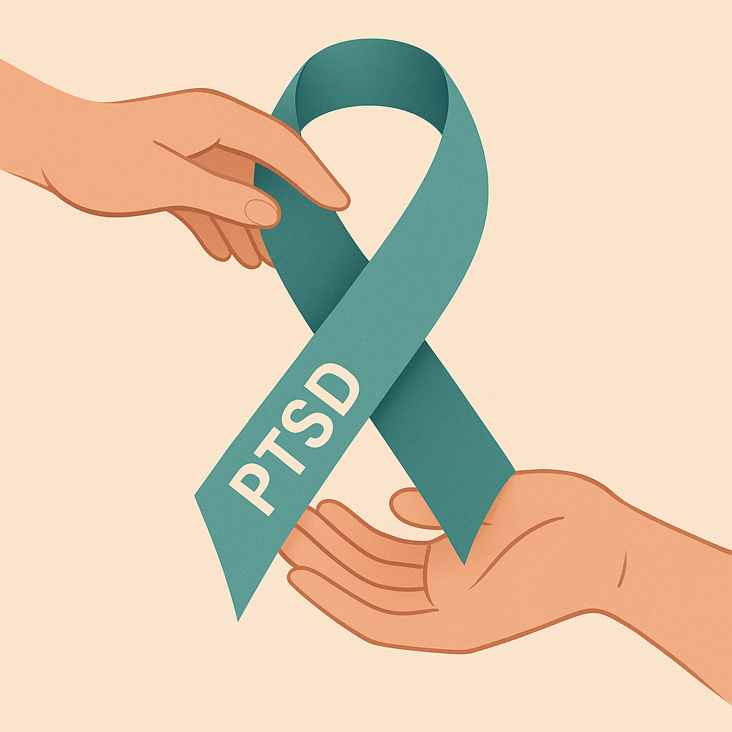 Two hands hold a teal awareness ribbon labeled "PTSD" on a light background.
