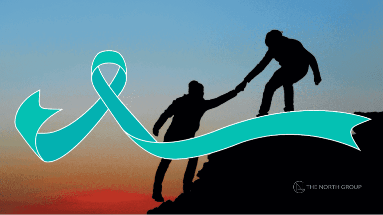 Silhouettes of two people on a mountain, one helping the other up, with a teal ribbon overlaid across the scene.