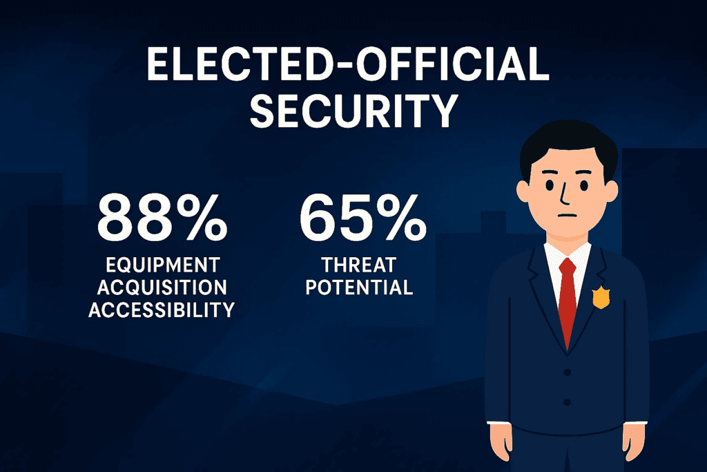 An illustrated man in a suit with a badge stands beside text: "Elected-Official Security, 88% Equipment Acquisition Accessibility, 65% Threat Potential.