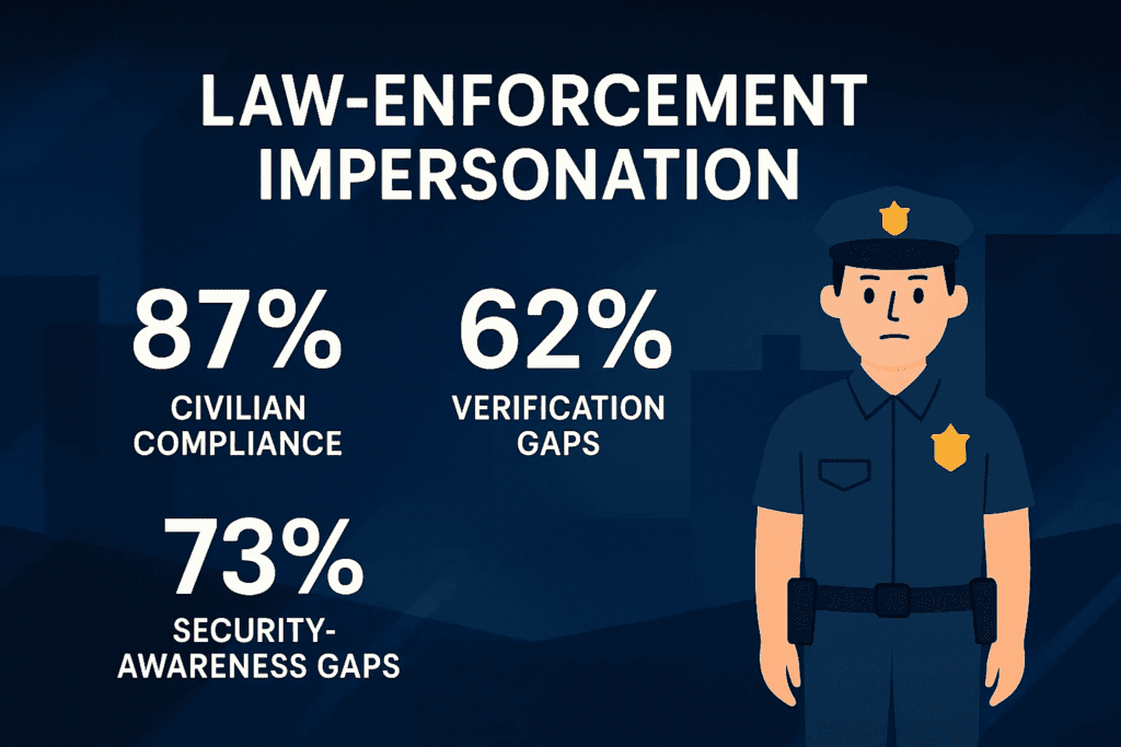 Infographic showing a cartoon police officer with statistics on law-enforcement impersonation: 87% civilian compliance, 73% security-awareness gaps, 62% verification gaps.