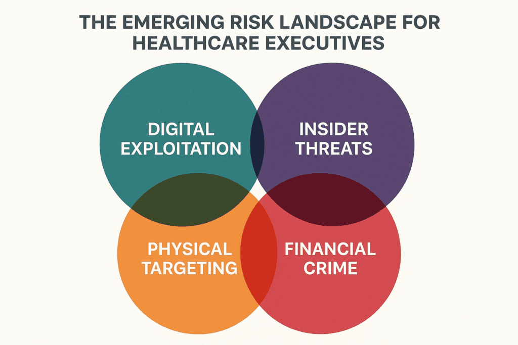 A Venn diagram illustrating four key risks for healthcare executives: digital exploitation, insider threats, physical targeting, and financial crime.