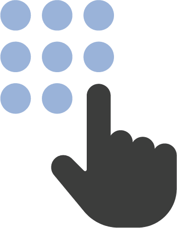 A black hand icon points toward a grid of nine blue circles arranged in three rows and three columns on a light background.