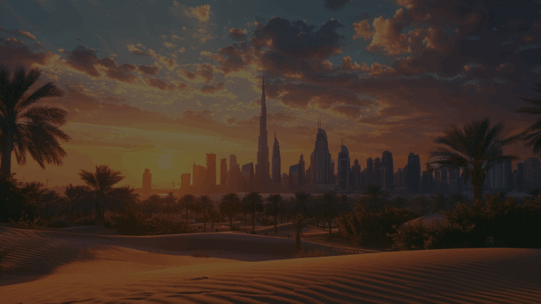 Sunset over a city skyline with a tall skyscraper, seen from sandy desert dunes with palm trees in the foreground and clouds in the sky.