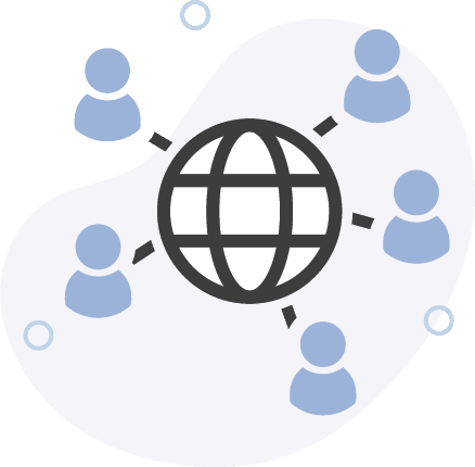 A globe icon in the center is connected by lines to five blue human figures, representing global communication or a network.