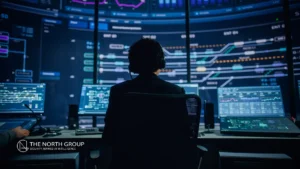 Person sits at a desk in front of multiple monitors displaying complex data and graphs in a dark control room.
