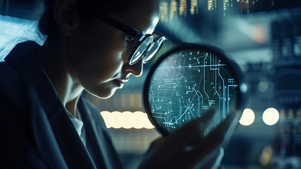 A person wearing glasses examines a digital circuit diagram through a magnifying glass in a dimly lit, high-tech environment.