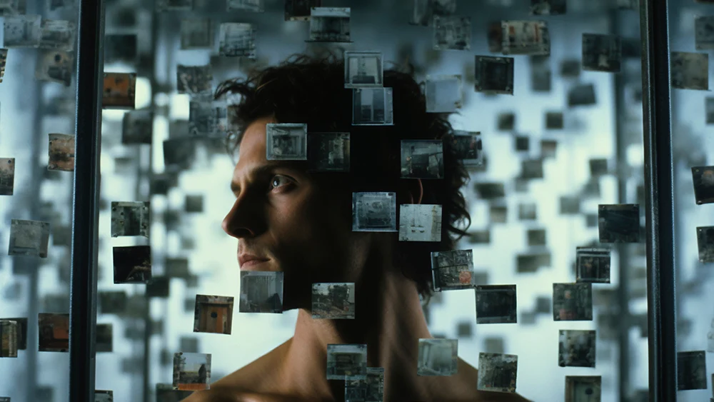 A person stands behind a grid of small, suspended square photographs, looking to the side with a thoughtful expression. The photos create a layered, fragmented visual effect.