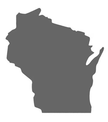 Solid gray silhouette of the state of Wisconsin shown on a plain white background, ideal for illustrating topics related to state security licenses or security credentials.
