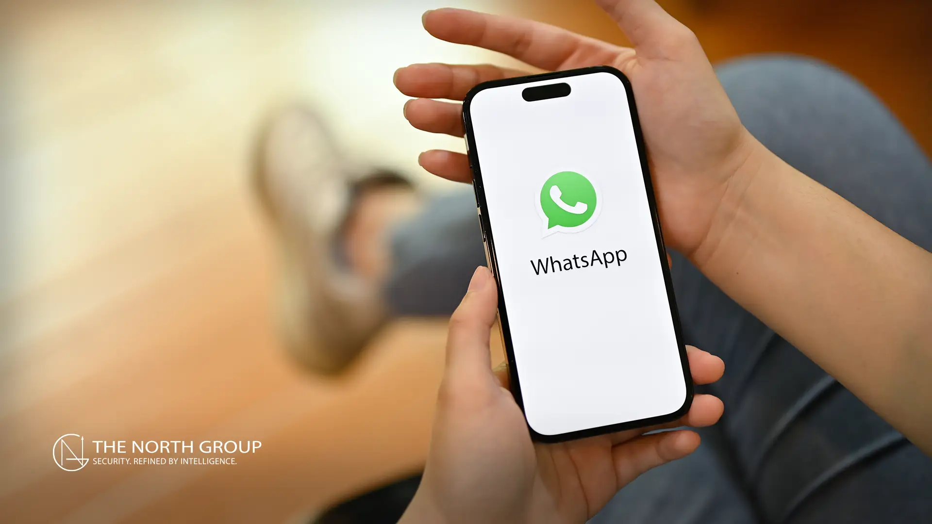 A person holds a smartphone displaying the WhatsApp logo and app name on the screen; THE NORTH GROUP logo appears in the bottom left corner.