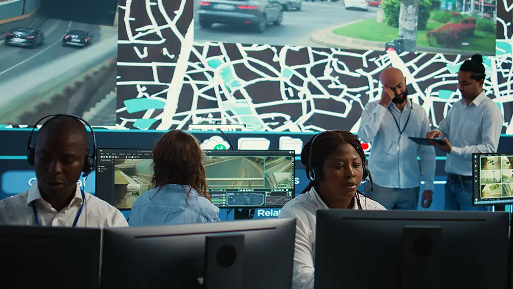 People working at computer monitors in a control room, with large screens displaying maps and surveillance footage in the background.