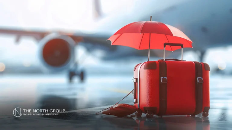 A red suitcase and umbrella are placed on an airport tarmac with a blurred airplane in the background. The North Group logo is visible in the corner.