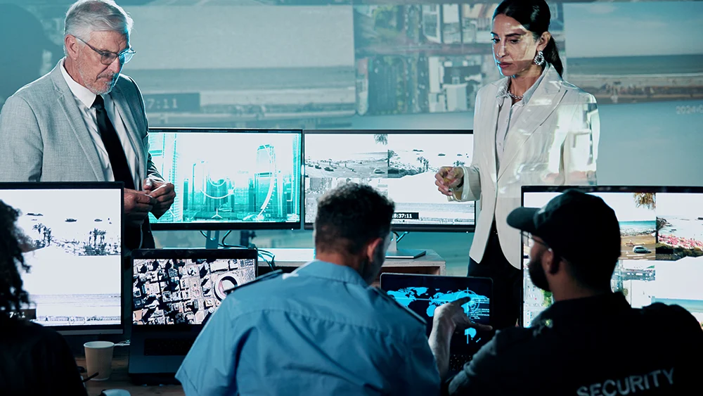 Five people in a control room monitor multiple security screens, discussing surveillance footage and analyzing information.