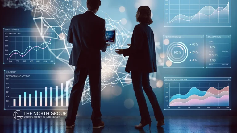 Two people stand in front of digital graphs and charts, discussing data visualizations displayed on a holographic interface.