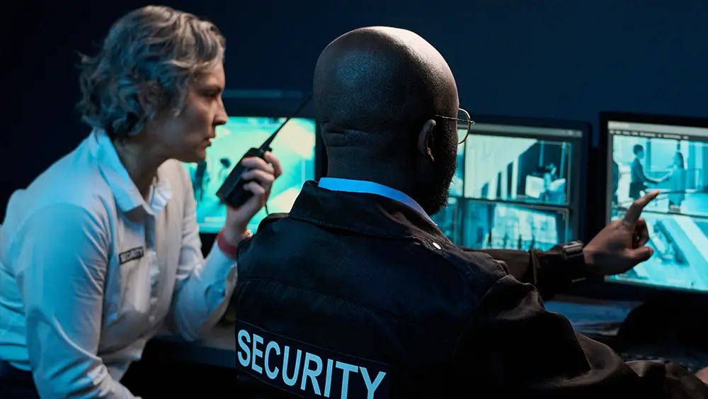 Two security personnel monitor surveillance camera feeds on multiple computer screens; one person is speaking into a walkie-talkie while the other points at a screen.
