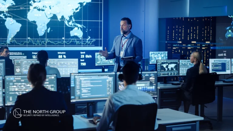 Security operations center with people at computer workstations monitoring data, while a man stands and talks in front of a large screen displaying a world map and analytics.